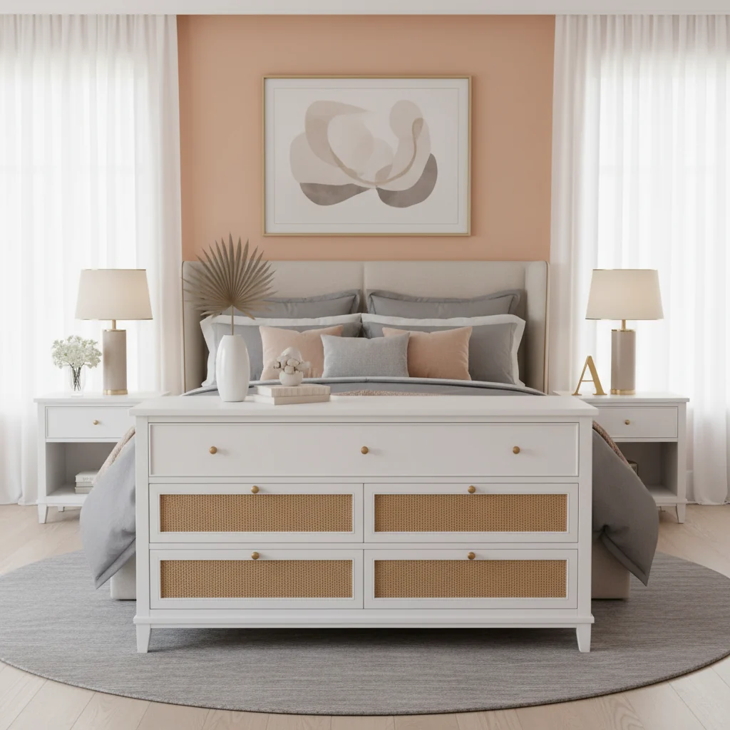 White Queen Size Murphy Bed with Storage Drawers and Rattan Panel Design for 1–2 Person