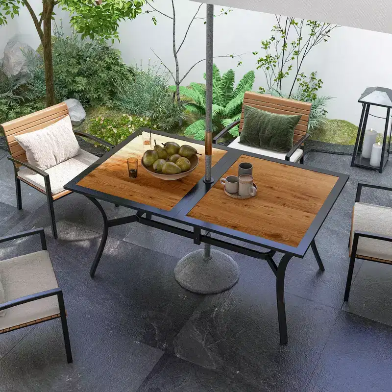 Rectangular Outdoor Dining Table with Umbrella Hole – Faux Wood, Seats 6, for Garden & Patio