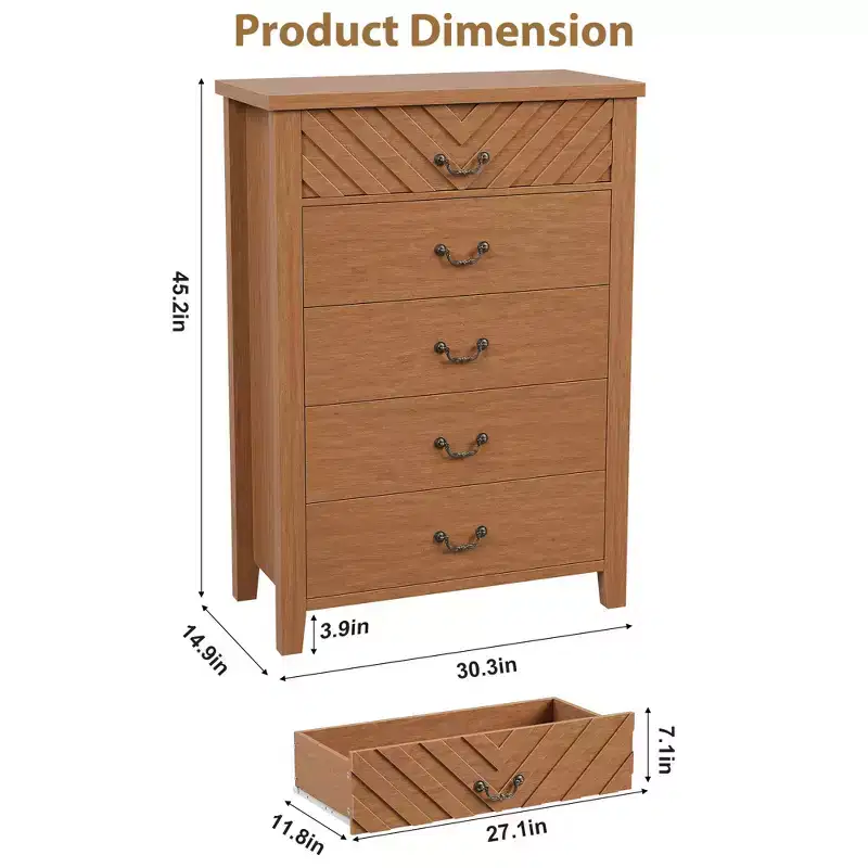5 Drawer Dresser for Bedroom, Brown 5 Chest of Drawers Nightstand with Elegant V Shape Design, Wooden Dresser Organizer for Living Room, Entryway