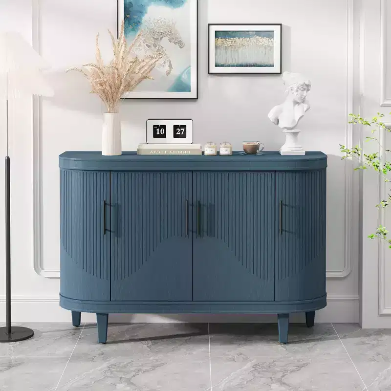 Blue Curved Sideboard 47.2-Inch Decorative Storage Cabinet Wooden Console Table Cabinet with 4 Doors and Adjustable Interior Shelves