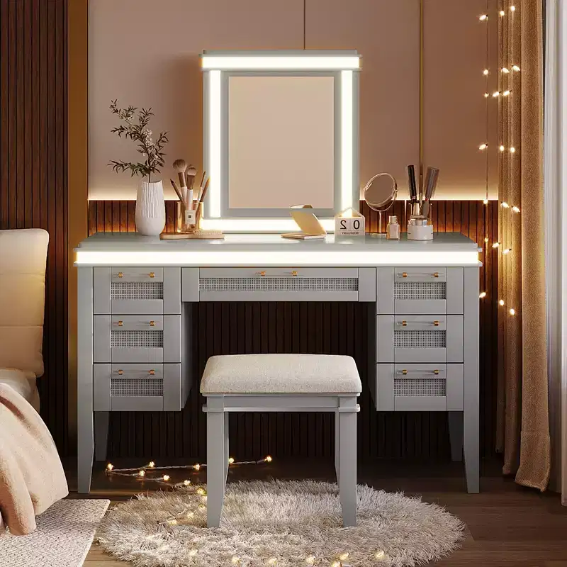 Classic Boho Wood Makeup Vanity Desk with Lighted Mirror, 7 Drawers & Cushioned Stool