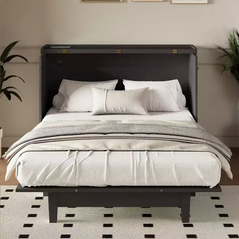 GDFStudio Nora Solid Pine Wood Murphy Bed Chest with Storage Drawer and Charging Station