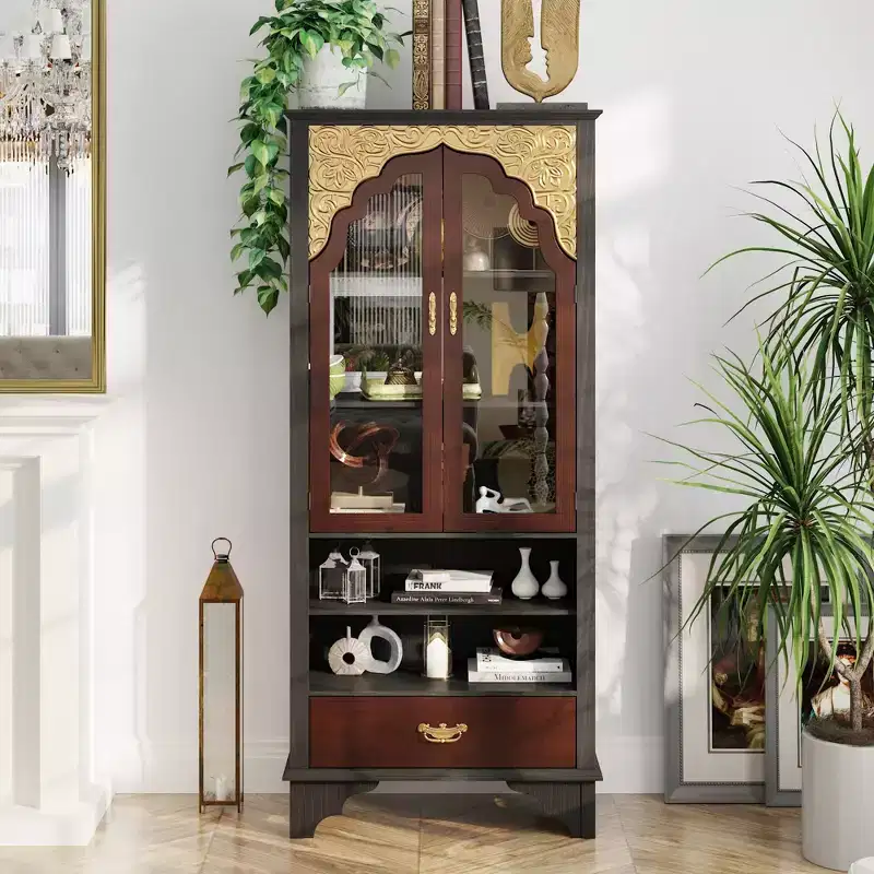 Famapy Vintage Luxury Storage Cabinet Bookcase Pantry: Intricate Carvings,Gold Accents,Glass Doors  Elevate Your Space