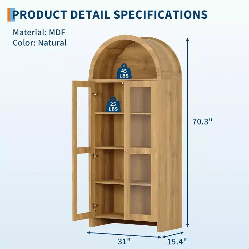 70 Tall Arched Kitchen Pantry Cabinet, Wood Kitchens Storage Cabinets with Adjustable Shelves, Versatile Cupboard for Dining Room, Bathroom