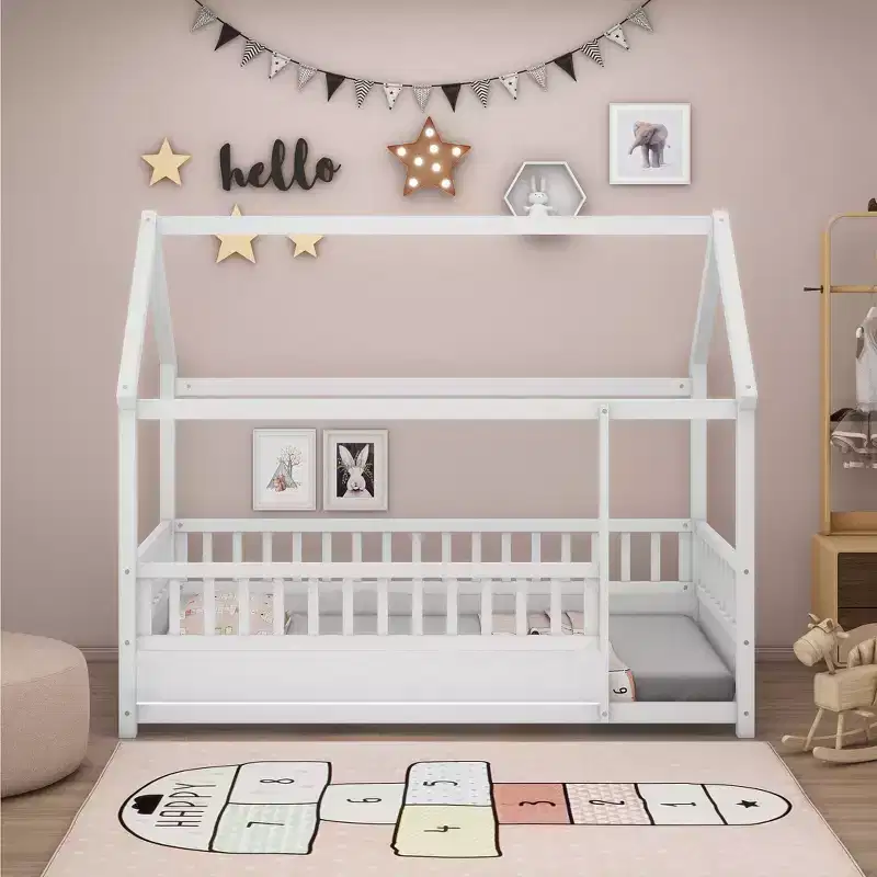 Full Size Montessori Toddler Floor Bed with House Roof Frame, Fence and Guardrails for Bedroom