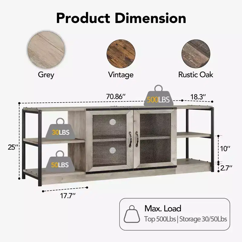 Farmhouse TV Stand for 65/75 Inch TV, Industrial Entertainment Center with Storage Cabinet & Mesh Doors, Grey