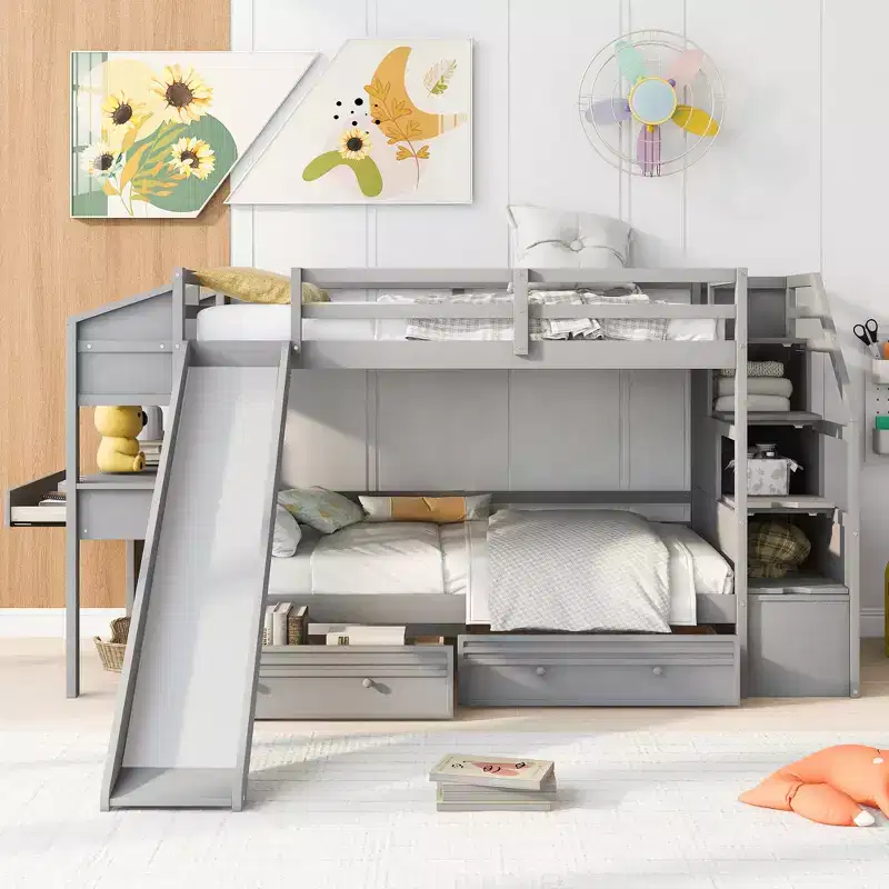 Bellemave Twin over Twin Bunk Bed with Storage Staircase, Slide and Drawers, Desk with Drawers and Shelves, Gray