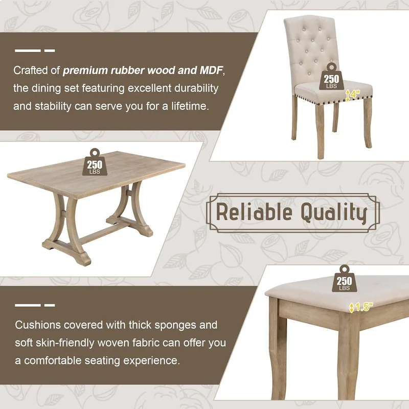 6-Piece Farmhouse Dining Table Set, Rectangular Trestle Table and 4 Upholstered Chairs & Bench