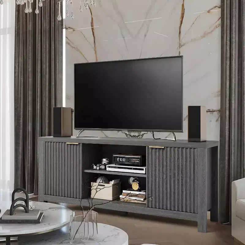 59 Wood TV Stand for TVs Up to 65 Inches, Mid Century Modern TV Entertainment Center with Storage Cabinets & Open Shelves, for Living Room