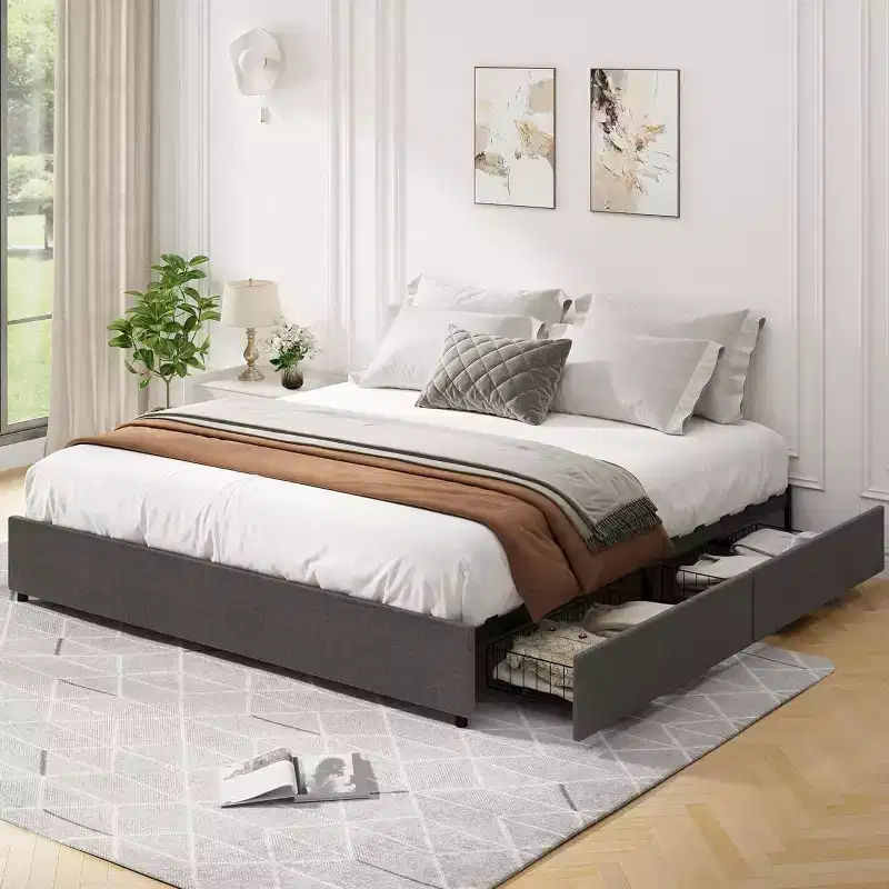 Full Size Platform Bed Frame with 4 Storage Drawers, Upholstered Full Bed with Mattress Foundation and Strong Wooden Slats, No Box Spring Needed