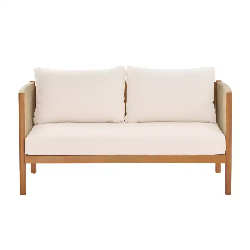 Christopher Knight Home Bradley Patio Modern Acacia Wood 2-Piece Loveseat and Coffee Table Set with Woven Rope Panels and Cushions