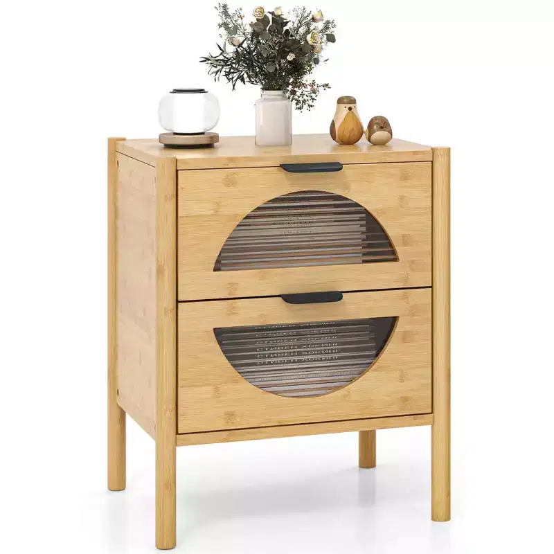 1/2 PCS Bamboo Nightstand with 2 Storage Drawers & Reeded Tempered Glass Fronts Bedroom