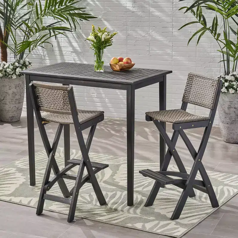 Polaris 3pc Wood and Wicker 45" Rectangular Bar Set Dark Gray - Christopher Knight Home: Acacia Frame, Weather-Resistant