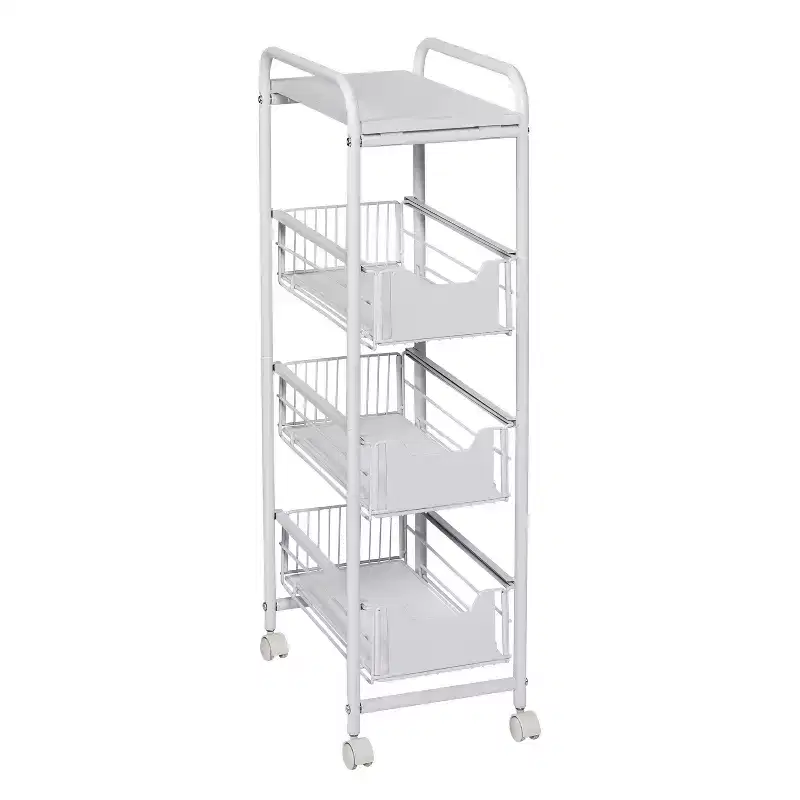 4 Tier Slim Cart with Pull-Out Baskets: Black Kitchen Cart, Powder-Coated Steel, Locking Wheels