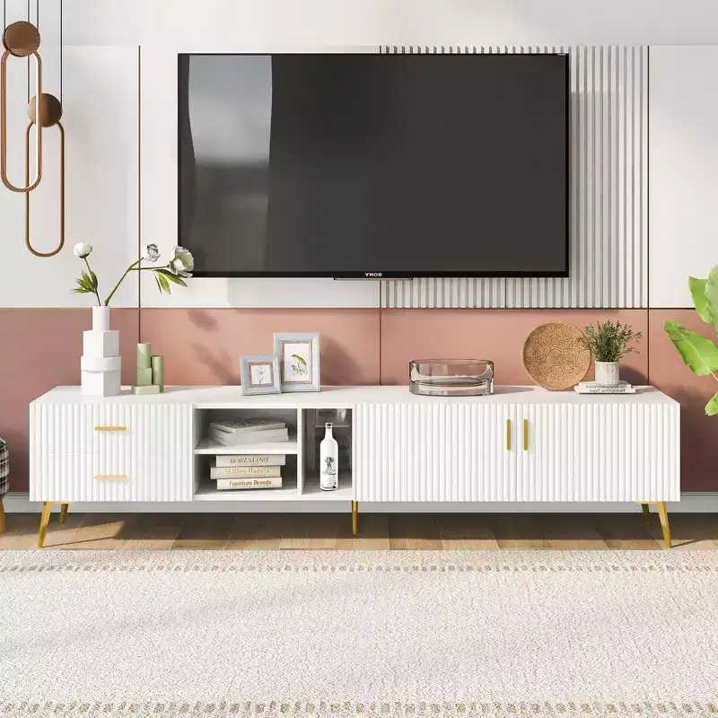 TROPOW TV Stand with Storage Drawer, Entertainment Center with 2 Cabinet Doors and 2 Drawers, Low Profile TV Cabinet for TVs up to 75 Inch,White