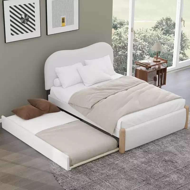 Full/Twin Size Upholstered Platform Bed Frame with Twin Size Trundle Bed -HABITRIO
