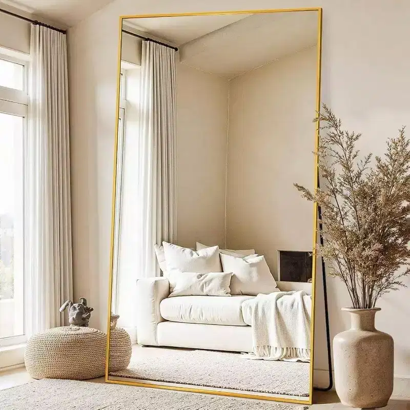 91x46 Gold Rectangular Full Body Mirror with Stand. An Oversized Floor Mirror for Freestanding or Hanging Use
