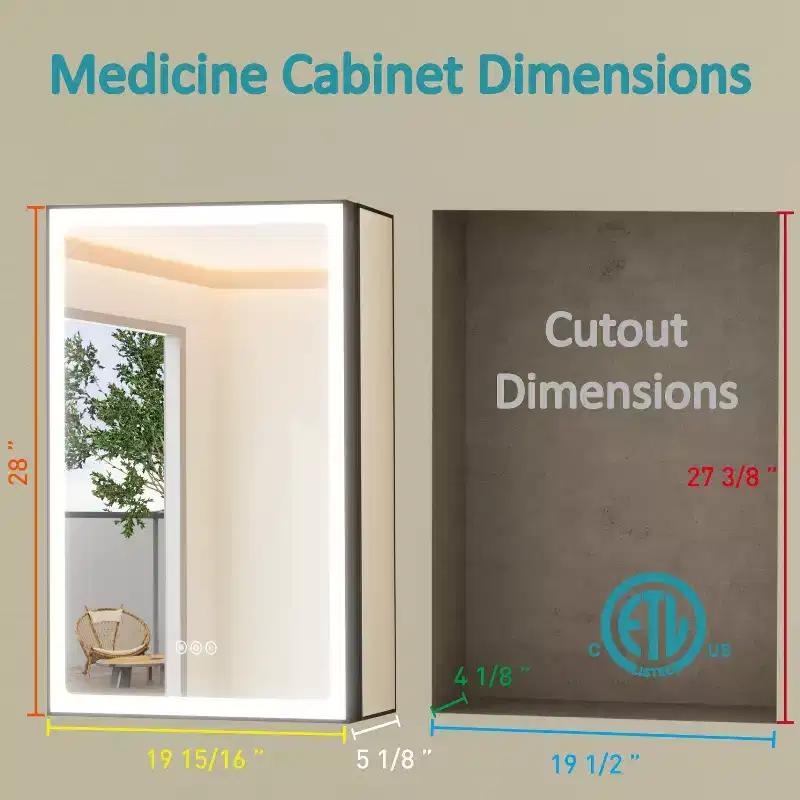 Grand Medicine Cabinet with Mirror and Light, Recessed/Mount Bathroom Medicine Cabinets, Defogger Mirror, Adjustable Shelves, Dimmable, Black