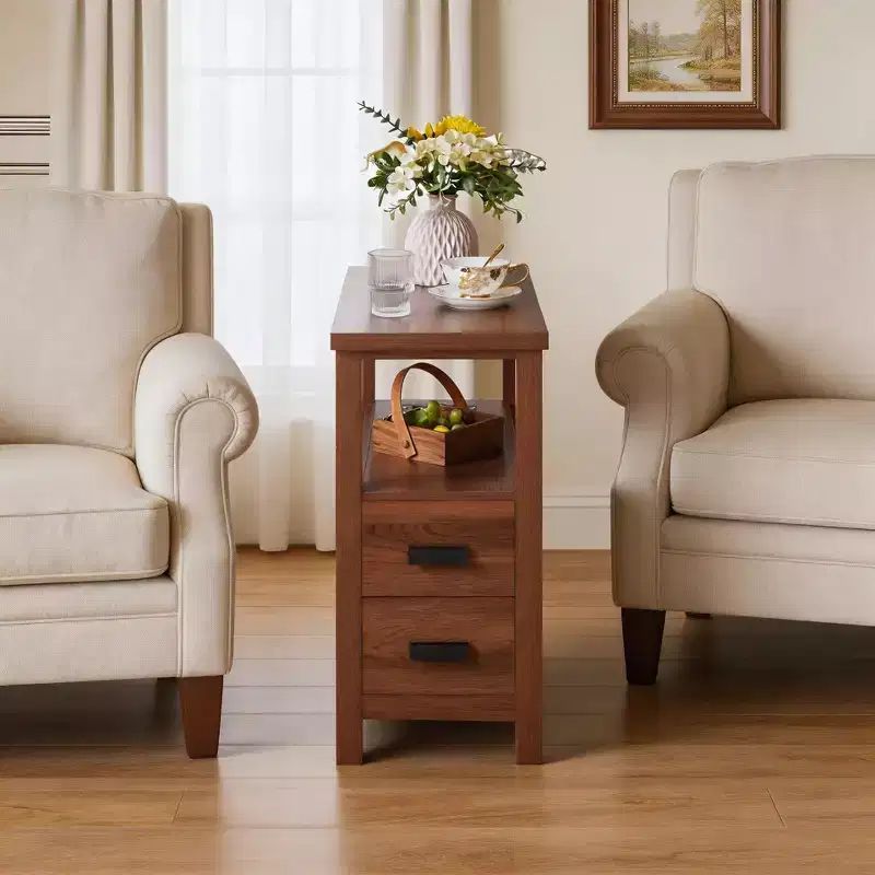Modern Wooden End Table with Charging Station and 2 Drawers