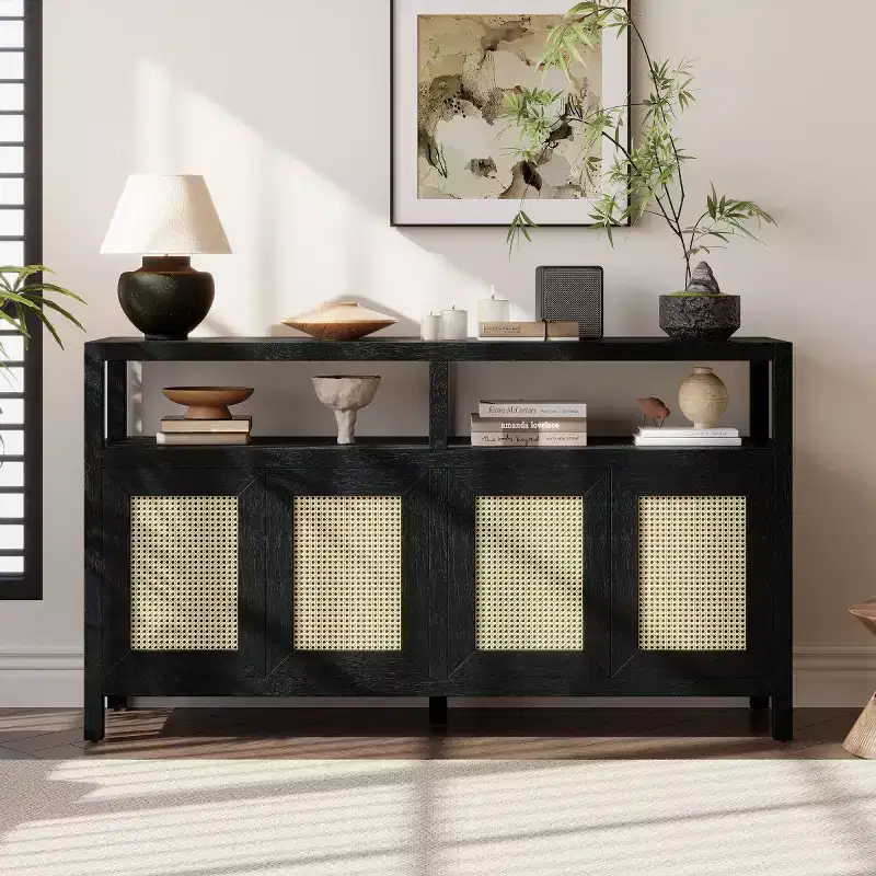 Boho Rattan Sideboard Buffet Cabinet, Solid Wood Frame Accent Storage Cabinet with Push-to-Open Doors and Adjustable Shelf