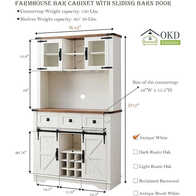 Farmhosue Bar Cabinet, Kitchen Buffet, Coffee Bar Sideboard Table - N/A