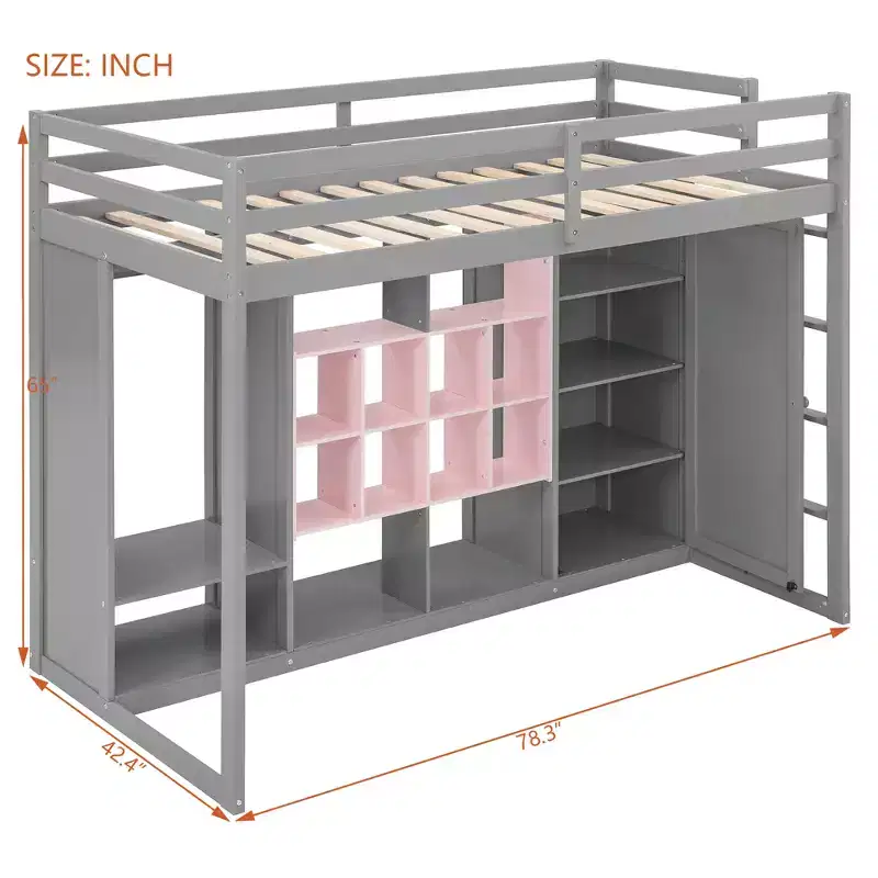 Kids Loft Bed with Wardrobe and Shelves, Wooden Loft Bed Frame with Storage Cabinet for Kids Teens