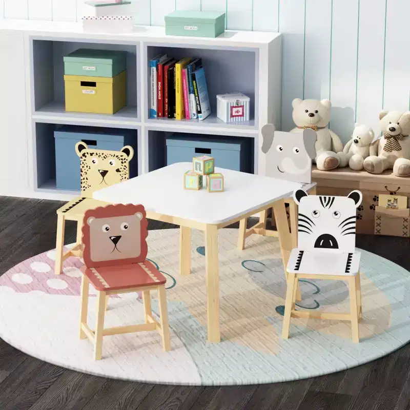 Etokfoks Kids Table and Chair Set White Solid Wood and MDF Table 23.6 x 23.6 x 19.7 in 4 Chairs 11.9 x 12.1 x 21.5 in