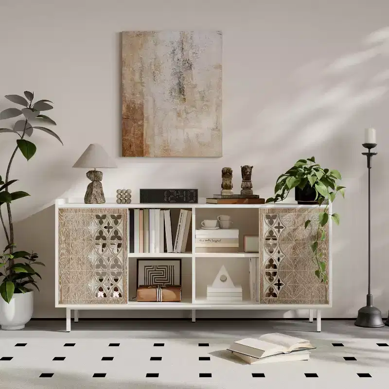 Medieval-Style Hardwood Sideboard with Sliding Doors, Perfect for Use as a TV Stand, Storage, or Decorative Cabinet in the Living Room