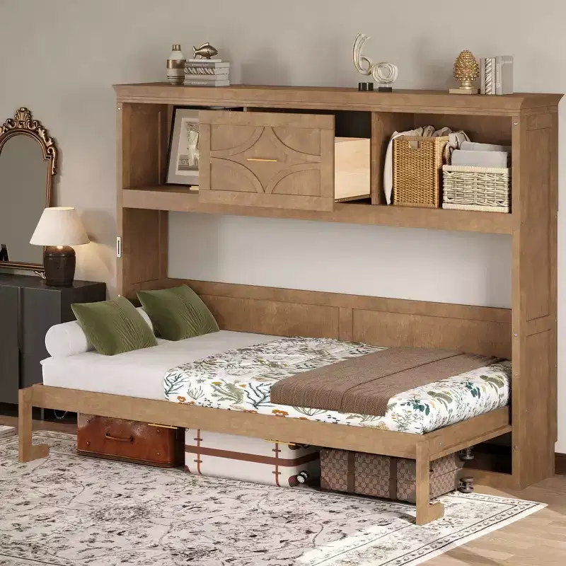 Whisen Wood Twin Size Murphy Bed with Charging Station and a Drawer