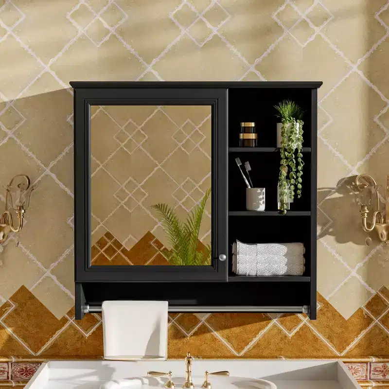Black / White Wall-Mount Mirror Cabinet with Storage, Single-User, Adjustable Shelf
