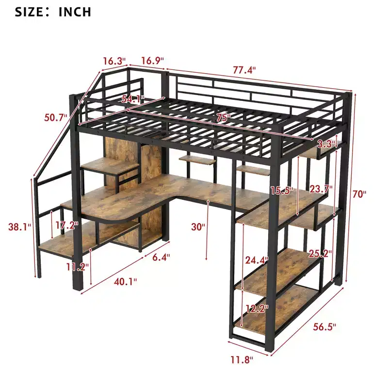 Full size Metal Loft Bed with Desk and Small Wardrobe, Full High Loft Bed with Storage Staircase and Shelves for Kids Teens Adults