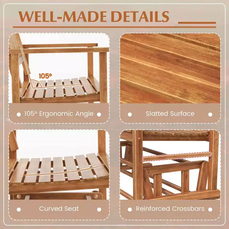 Costway Patio Glider Loveseat Chair Swing Rocking Bench with Slatted Seat & Curved Backrest White/Natural/Gray