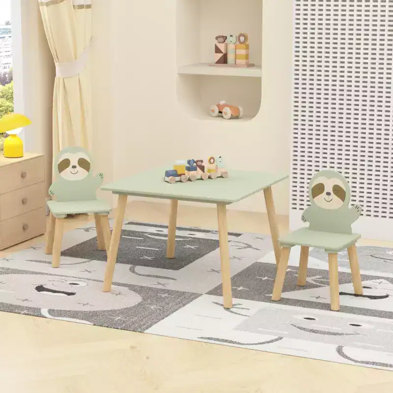 Etokfoks Sloth Kids Table and Chair Set Wooden Toddler Activity Table with 2 Animal Chairs Sage Green for Playroom Bedroom Classroom