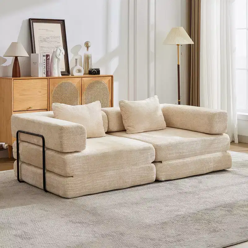 Convertible Floor Sofa Bed with Fixed-Shape Frame Loveseats Boneless Modular Sectional Chenille Fabric