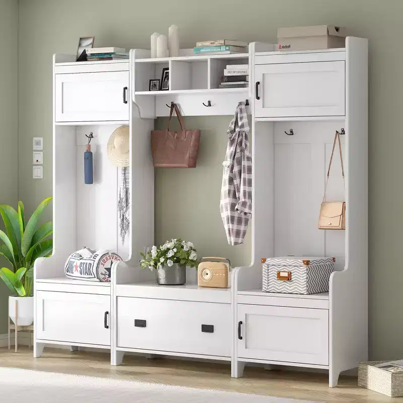 White 4-in-1 Multiple Functions Hallway Coat Rack with Seven Metal Black Hooks Entryway Bench Hall Tree with Ample Storage Drawer