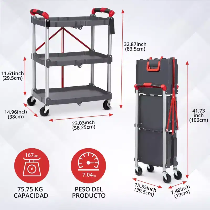 Utility Cart Rolling, 3-Tier Foldable Service Cart w/Lockable Wheels & 168LBS Capacity, Collapsible Trolley for Home Office Garage Warehouse