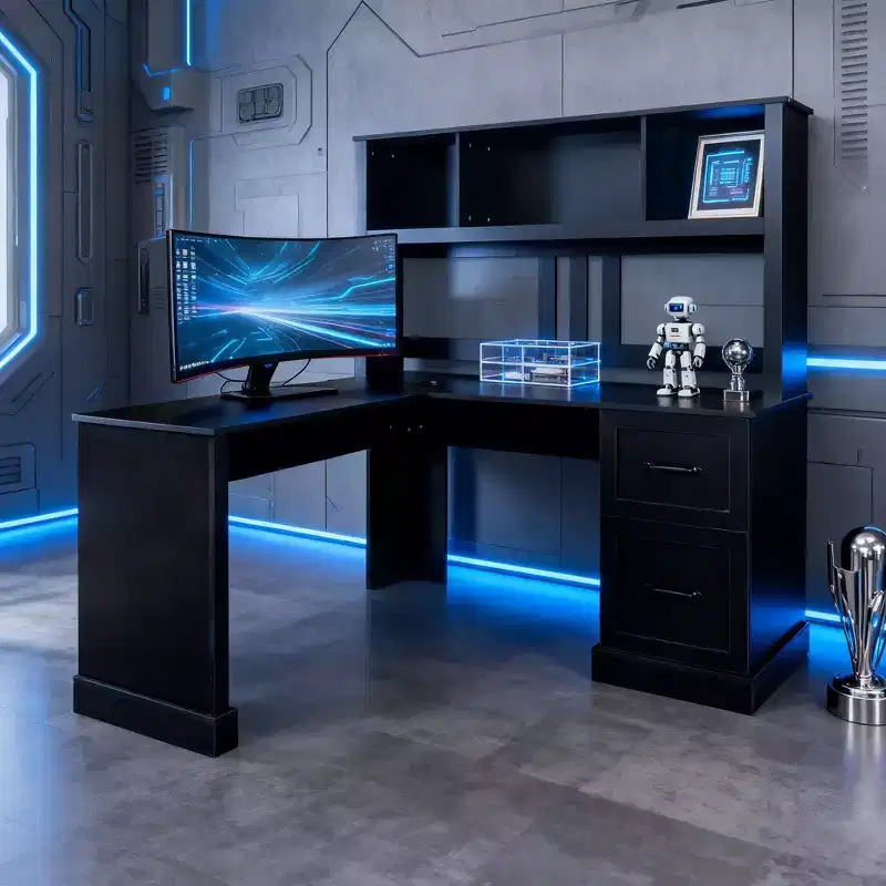 L-Shaped Computer Desk with Hutch and Drawers, Modern Home Office Corner Workstation, Black