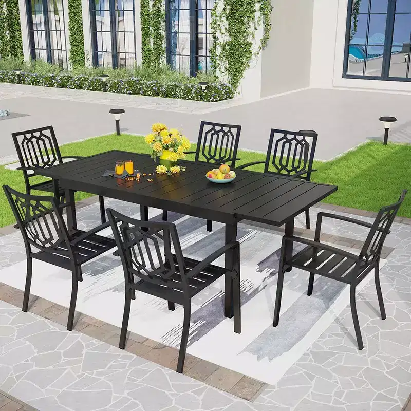 Captiva Designs 7pc Metal Patio Dining Set with Rectangular Expandable Table & 6 Chairs Black: Outdoor Furniture Set