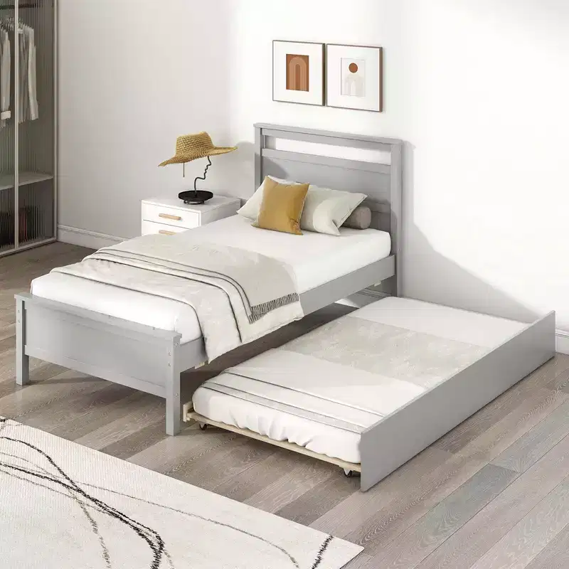 Twin Platform Bed with Pull-Out Trundle, Headboard & Footboard, Gray/White