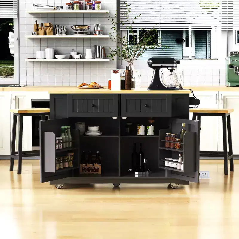 48 Large Rolling Kitchen Island with Drop Leaf Power Outlet & 5 Wheels, Kitchen Cart with Adjustable Shelves & Spice Rack, White/Black - ModernLuxe