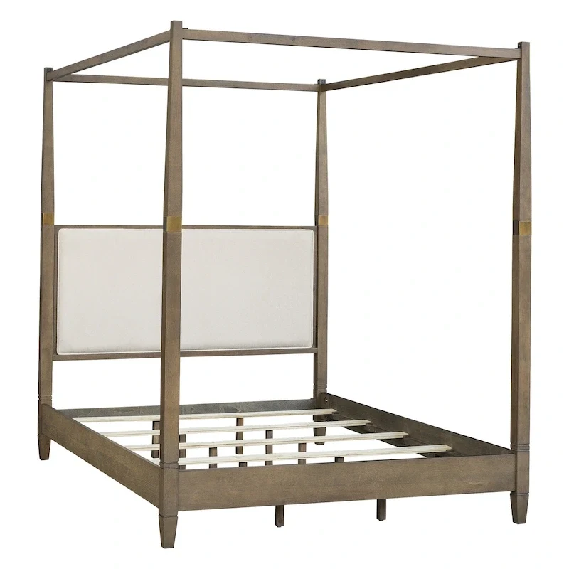 Queen Canopy Bed Frame, Solid Wood, Upholstered Headboard, Gold Metal Cuffs, Slat Foundation, 86.75W x 63.25D x 80H in
