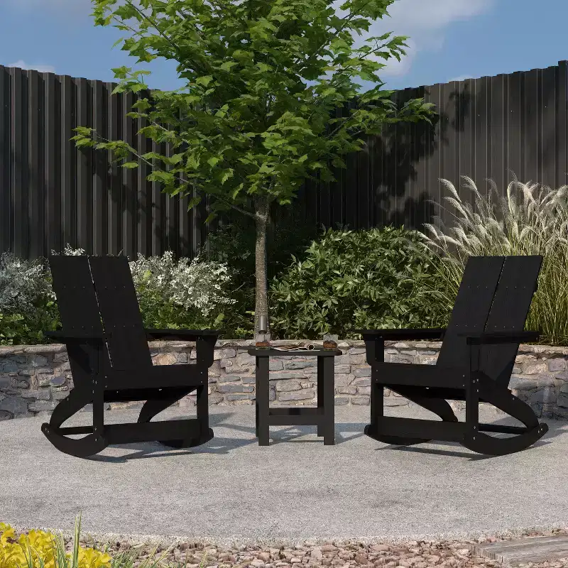 Merrick Lane Wellington 3 Piece Patio Furniture Set Includes All-Weather UV Treated Adirondack Rocking Chairs and Side Table