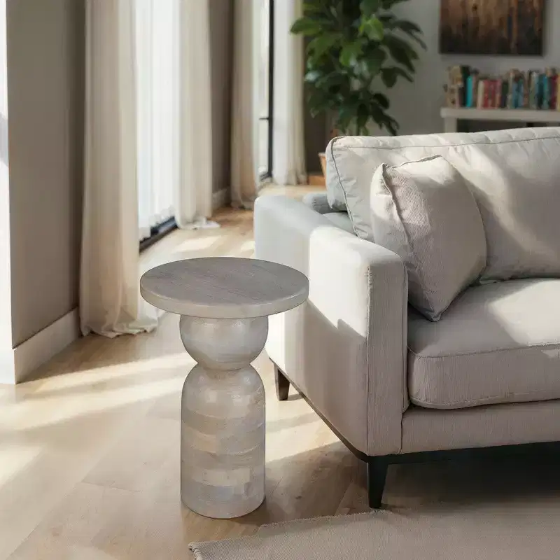 Royal Hampton 12 Inch Round Side End Table, Turned Pedestal Base, Beige Mango Wood in Natural Brown Finish