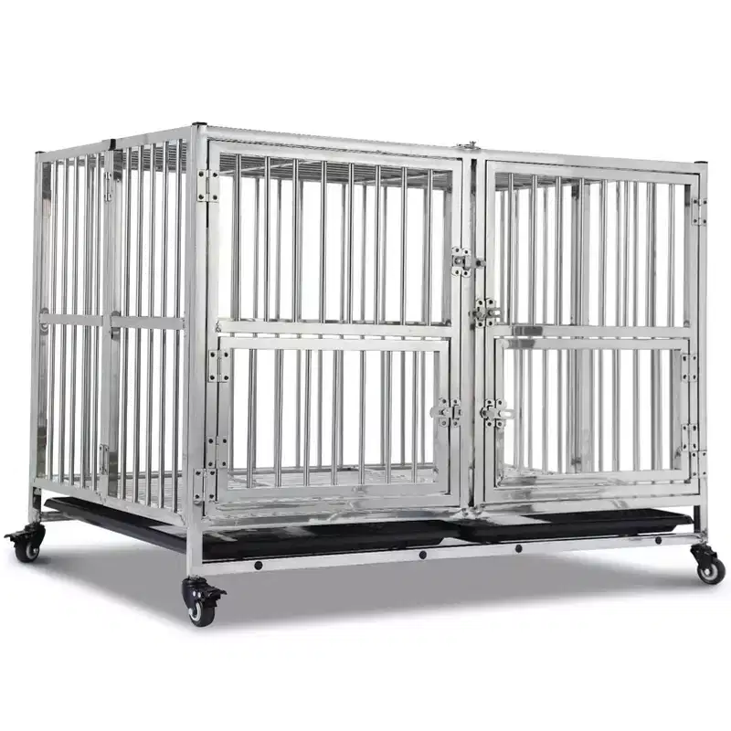 48-in Heavy Duty Dog Crate Cage Kennel with Wheels, Full Stainless Steel High Anxiety Indestructible Dog Crate, Sturdy Locks Design, Silver