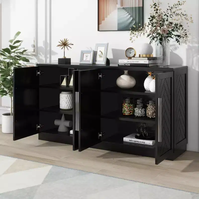 Modern Sideboard Buffet Cabinet with Adjustable Shelves and Silver Handles for Kitchen, Dining Room, or Living Room,Black