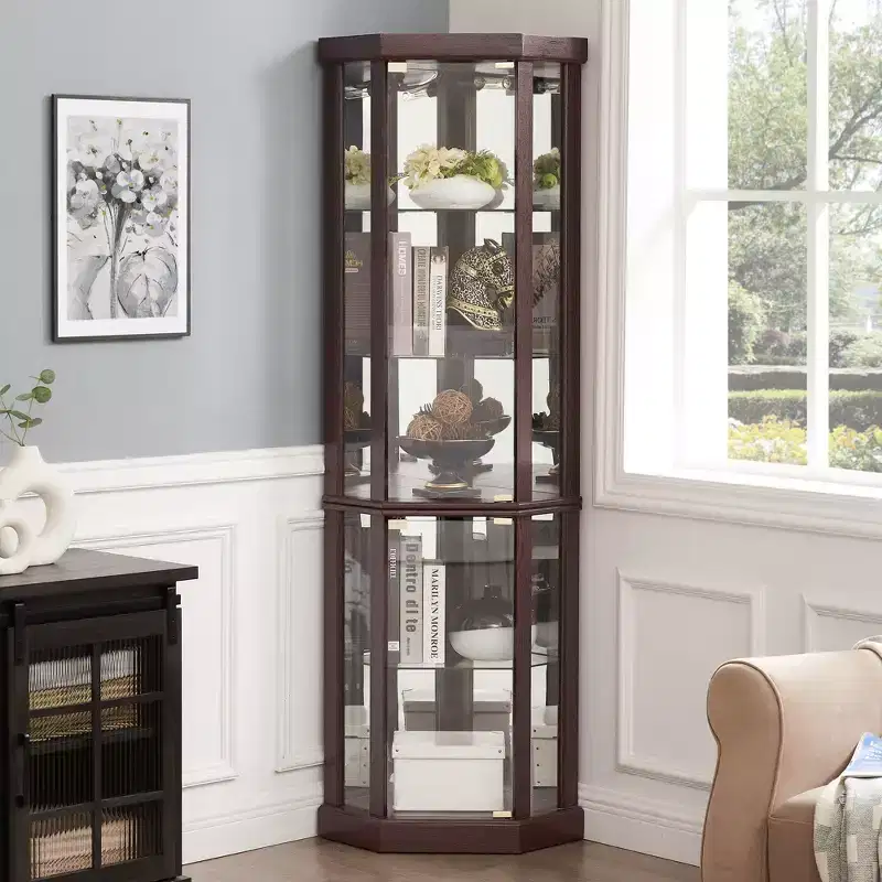 Corner Lighted Curio Cabinet with Adjustable Glass Shelves and Anti-Tip Device for Antique Collections