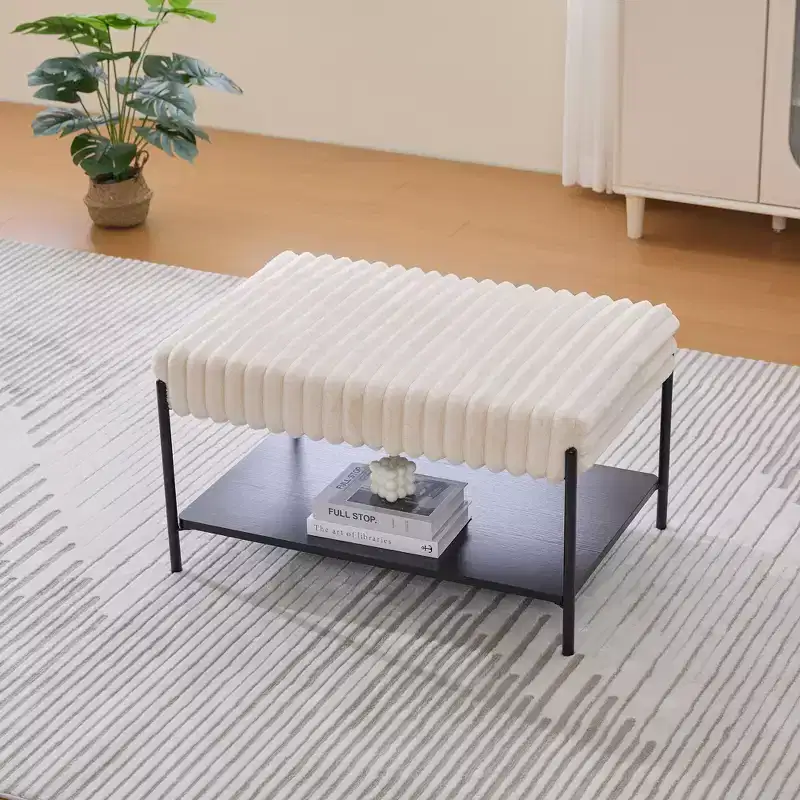 Upholstered Ottoman Coffee Table 30.7, Faux Fur Footstool, Black Metal Legs, Wooden Open Shelf for Living Room, Bedroom, Entry, Hotel
