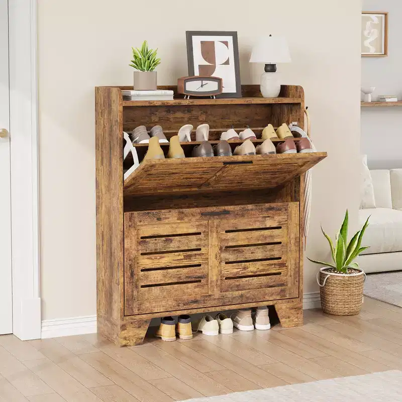 Slim Shoe Storage Cabinet with 2 Flip Drawers & Hooks, Freestanding Organizer for Foyer, Hallway, Garage