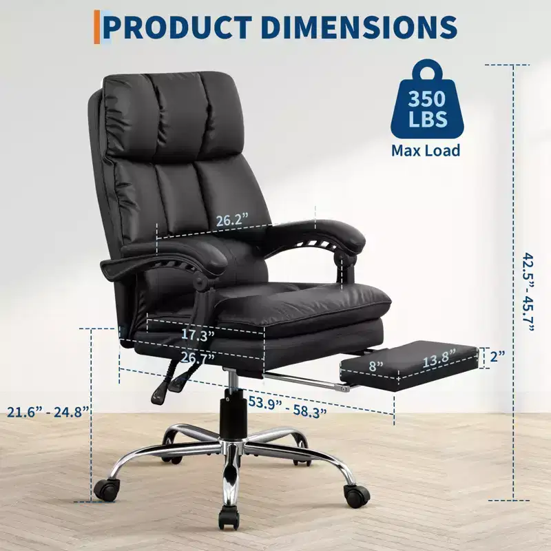 High-Back Executive Office Chair – Black PU Leather with Footrest, 360° Swivel & Ergonomic Support
