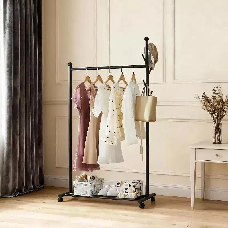 Metal Clothes Rack with Wheels, Freestanding Heavy-Duty Garment Rail, Bottom Storage Shelf & Hooks, Rolling Wardrobe Organizer for Bedroom, Closet